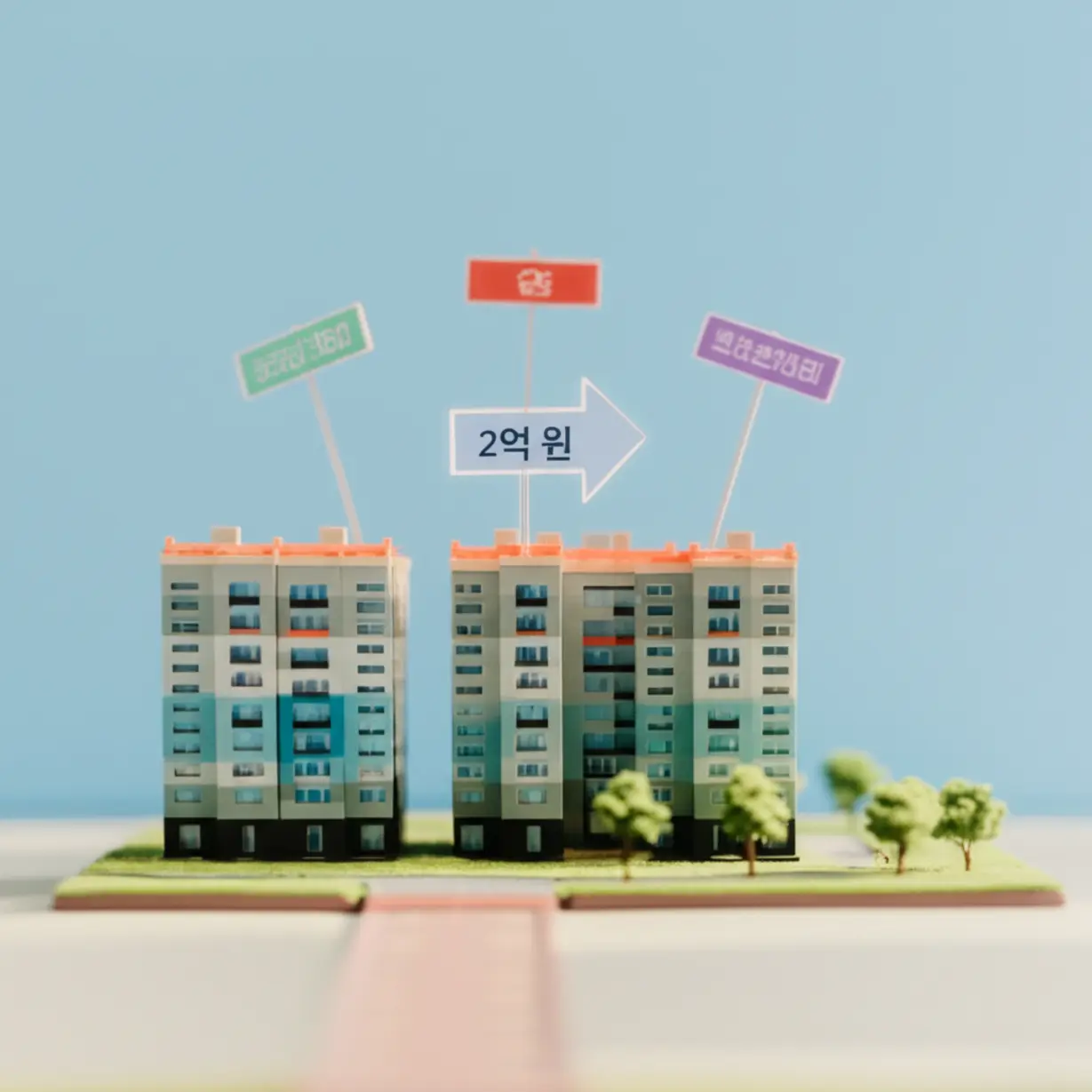 1주택자-전세대출-한도가-2억-원으로-일원화되는-변화를-귀여운-3D-아파트-단지-모형과-통일된-금액-표시,-여러-기관의-통합을-나타내는-화살표로-보여주는-이미지.