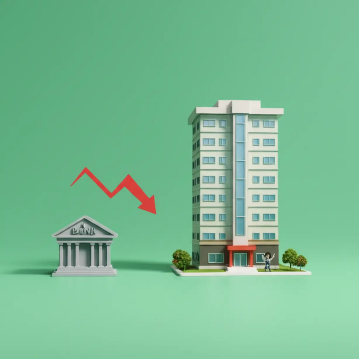 강남-3구-및-용산구-등-규제지역의-LTV(주택담보인정비율)-축소로-주택담보대출-한도가-줄어드는-모습을-귀여운-3D-아파트-모형과-은행,-감소하는-그래프로-표현한-이미지.