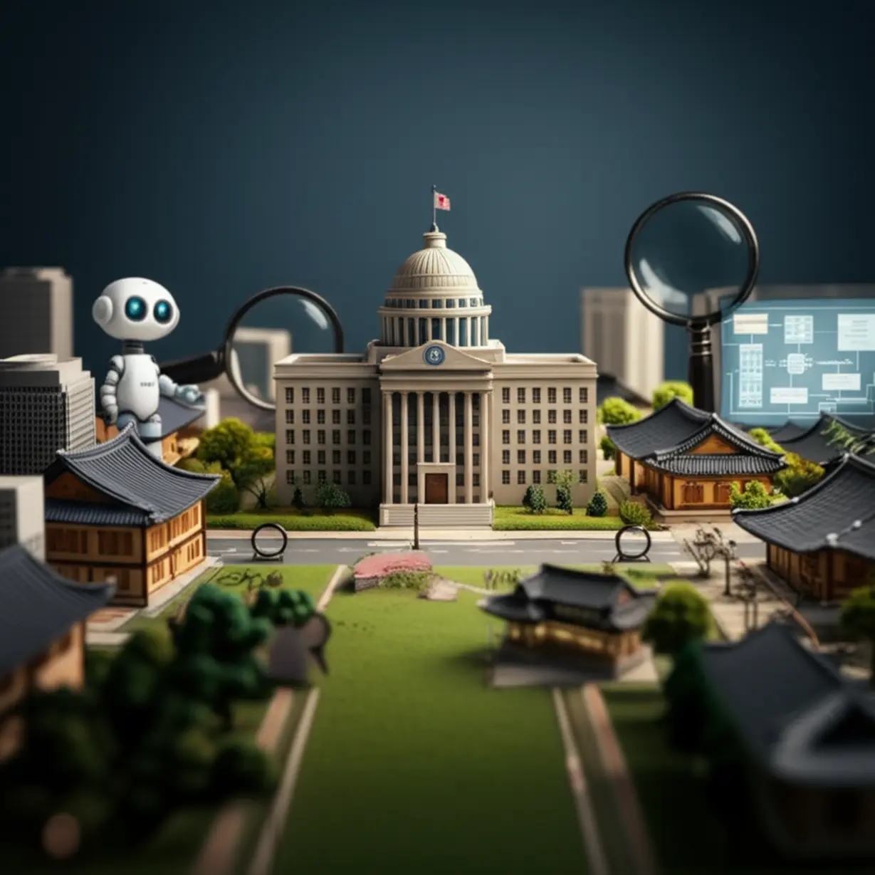 부동산-시장-불법-거래를-막기-위한-정부의-감독-기능-강화와-전담-조직-신설,-AI-활용-감시를-귀여운-3D-정부-건물-모형,-도시-풍경,-돋보기,-로봇으로-표현한-이미지.