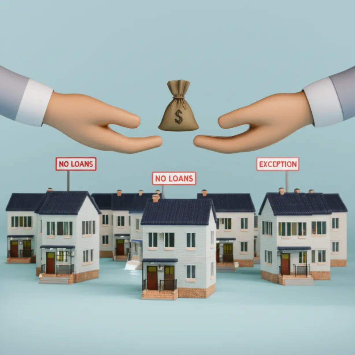 임대사업자-주택담보대출이-전면-금지되지만,-임차보증금-반환-등-예외가-있음을-귀여운-3D-주택-모형과-대출-금지-표시,-예외-상황을-상징하는-손과-돈-가방으로-나타낸-이미지.