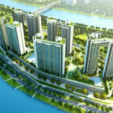 청주-신축-아파트-두산위브더제니스-센트럴파크의-모습을-귀엽고-사실적으로-표현한-3D-이미지입니다.-푸른-공원과-강물이-어우러진-대단지-아파트의-평화로운-전경을-보여줍니다.