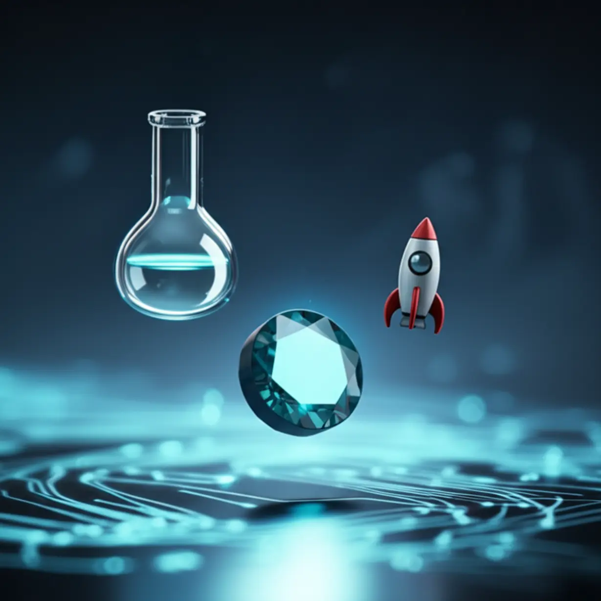 생명과학,-우주항공,-광학-기술을-상징하는-귀여운-실험-플라스크,-로켓,-렌즈가-함께-어우러진-모습.-미래-산업의-주요-기업들을-나타내는-3D-이미지입니다.