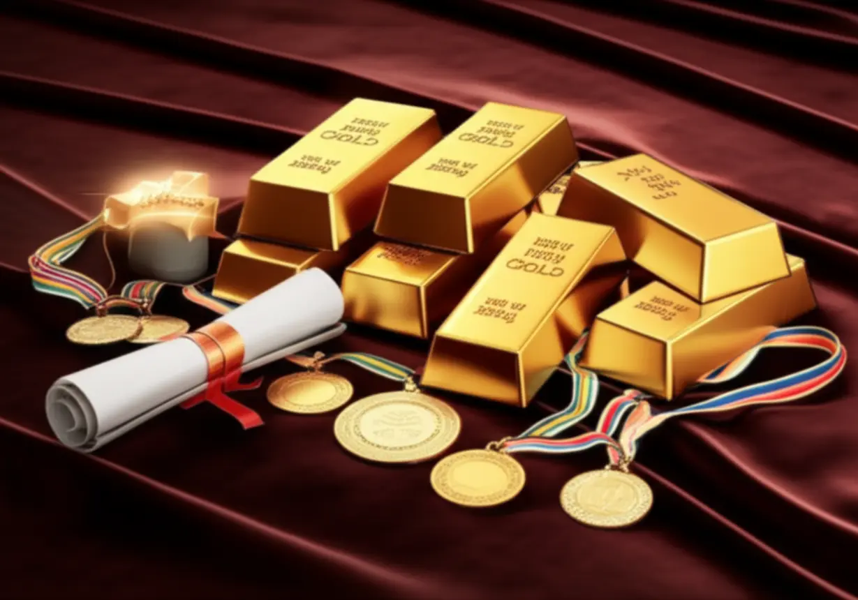 다양한-크기의-순금-골드바와-메달이-놓인-귀여운-3D-이미지,-근속-포상의-빛나는-가치와-인정을-상징합니다.