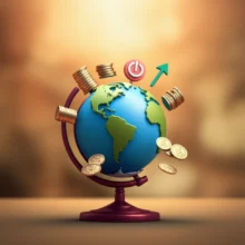 따뜻한-가을색-배경에-지구본-주위로-동전,-상승-화살표-등-경제-관련-상징들이-떠다니는-귀여운-3D-이미지.-추석-연휴-동안-글로벌-경제-동향을-미리-확인하고-현명하게-자산-관리하는-중요성을-시각적으로-표현합니다.