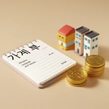 IMF-가계부로-성공한-재테크-비법을-상징하는-이미지.-아기자기한-가계부와-쌓인-돈,-그리고-세-채의-건물을-보여주며-부자-되는-습관을-표현합니다.