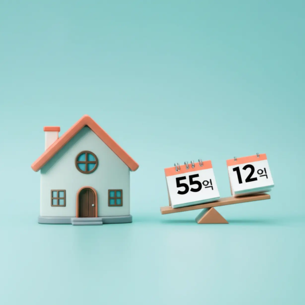 주택연금-신청-조건인-만-55세-이상-나이와-공시지가-12억-원-기준을-나타내는-3D-집,-달력,-저울-그림.-내집연금-가입-요건을-설명합니다.