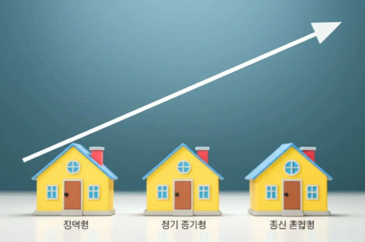 주택연금의-정액형,-정기-증가형,-종신-혼합형-세-가지-수령-방식을-나타내는-3D-집과-화살표-그림.-자신에게-맞는-연금-방식을-선택하는-방법을-제시합니다.
