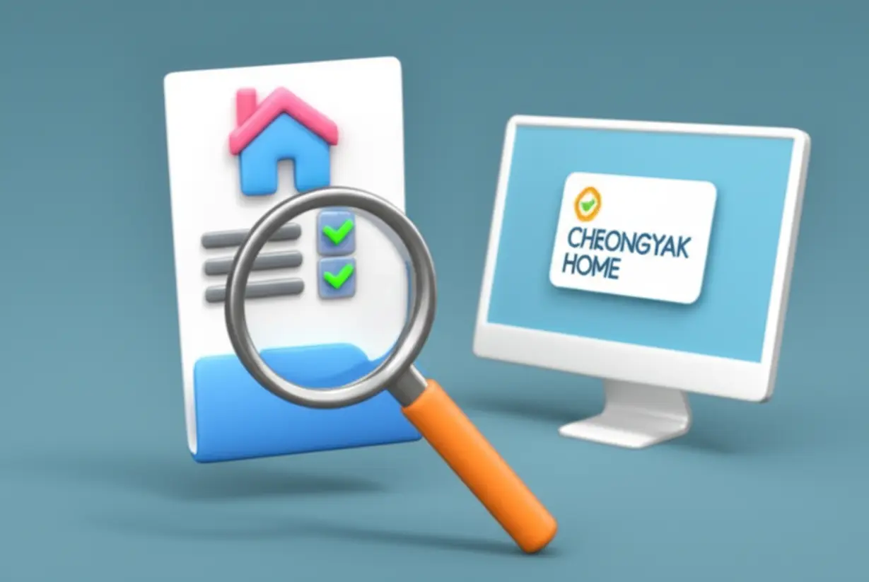 돋보기가-아파트-관련-서류-위를-확대하고,-컴퓨터-화면에-청약홈-웹사이트가-보이는-모습.-분양가상한제-적용-여부를-쉽고-정확하게-확인하는-방법을-나타냅니다.