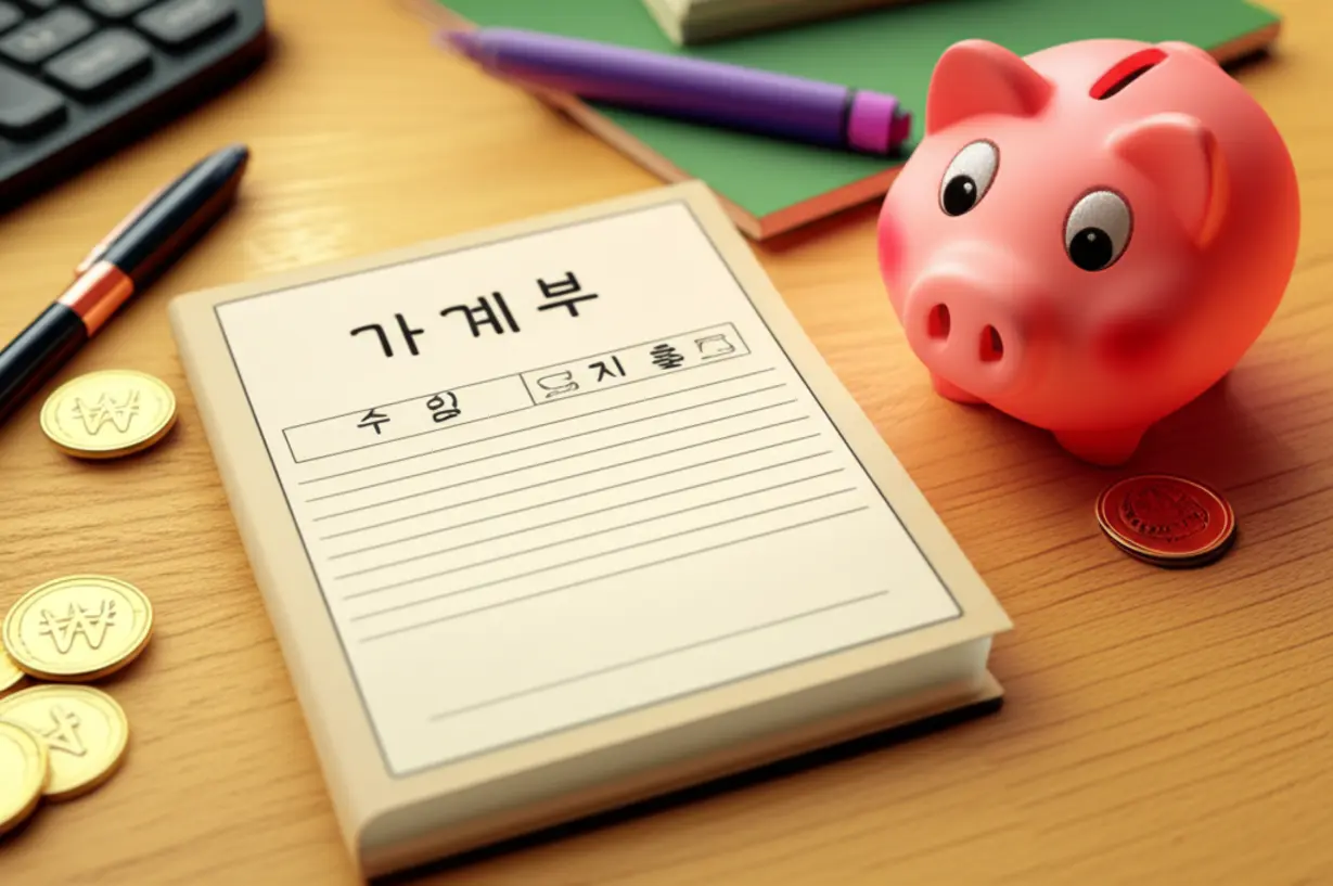IMF-시절의-어려움-속에서-시작된-가계부의-중요성을-보여주는-이미지.-노트에-손으로-기록된-가계부와-작은-돼지-저금통이-절약과-돈-관리-습관의-시작을-상징합니다.