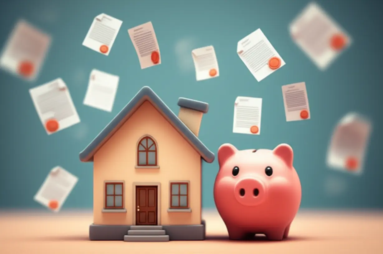 대출,-주택-계약,-정부-지원금-신청-등-중요한-경제-활동에-필요한-세금-완납-증명서의-중요성을-보여주는-아기자기한-집과-저금통,-문서-이미지입니다.