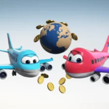 대한항공-아시아나-마일리지-통합을-상징하는-귀여운-파란색,-빨간색-비행기가-만나고,-주변에-빛나는-동전과-지구본이-떠-있는-3D-이미지.-마일리지-전환과-현명한-선택의-중요성을-나타냅니다.