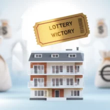 귀여운-미니어처-아파트-건물-위로-황금색-로또-복권이-떠-있는-모습.-분양가상한제-아파트와-시세차익의-기회를-상징하며,-내-집-마련-꿈을-보여주는-이미지입니다.