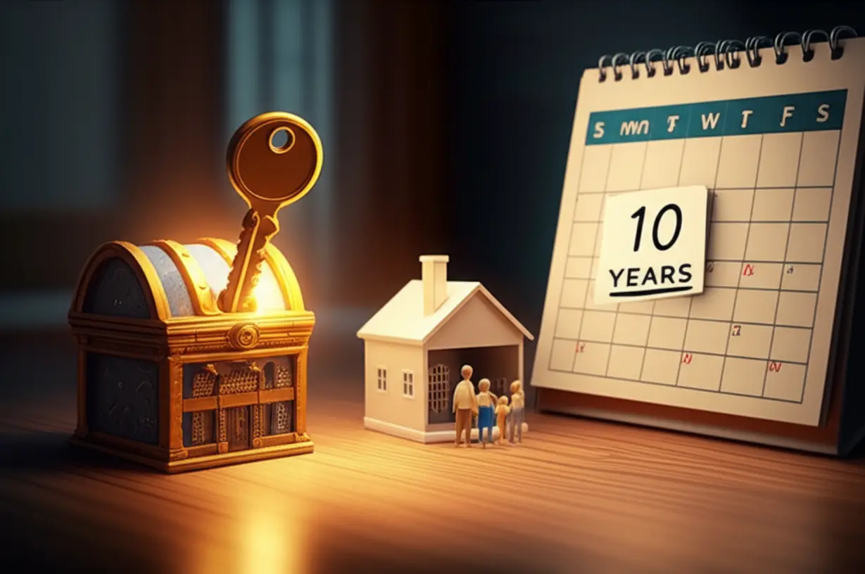 빛나는-열쇠가-아파트-보물-상자를-여는-모습과-함께-10년이-표시된-달력과-이사하는-가족이-그려진-이미지.-로또-청약의-기회와-재당첨-제한,-의무-거주와-같은-중요한-조건들을-나타냅니다.
