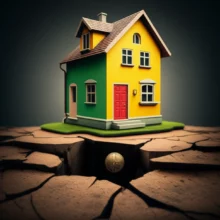 위태로운-기초-위에-아슬아슬하게-놓인-아기자기한-신축빌라-모형,-그-아래-위험한-함정을-상징하는-동전-문이-보입니다.-신축빌라-0원-실입주금의-위험성을-경고하는-이미지입니다.