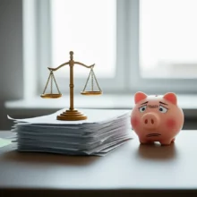 정돈된-서류-더미와-저울,-벌금-표지판이-있는-저금통이-놓인-귀여운-3D-법률-문서-이미지.-근로계약서,-급여명세서,-거래명세서-등-사업주-필수-서류의-중요성을-나타냅니다.