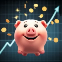 삼성전자-주가-상승-기대감을-보여주는-귀여운-돼지-저금통과-황금-동전,-주식-차트-배경.