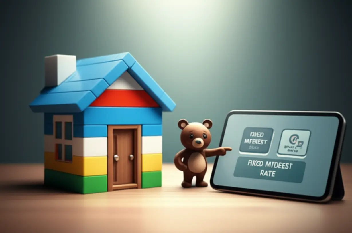 주택금융공사-보금자리론의-안정적인-장기-고정금리-주택담보대출-특징을-상징하는-귀여운-3D-블록집과-정책금융을-안내하는-곰-캐릭터-이미지.