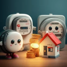 돈을-절약하는-도시가스-계량기와-전기-계량기,-동전들이-주변에-놓여있는-귀여운-3D-이미지.-스마트한-에너지-관리와-가계-경제-절약-팁을-나타냅니다.