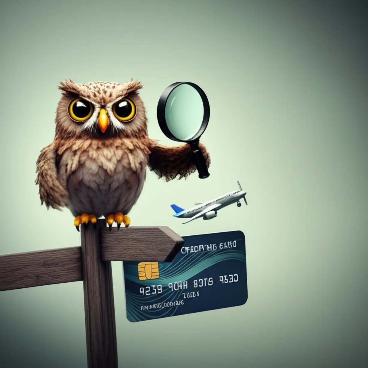 현명한-마일리지-선택을-돕는-귀여운-현명한-부엉이-3D-이미지.-부엉이가-신용카드와-비행기를-가리키는-표지판에-앉아-돋보기를-들고-있어,-마일리지-활용법에-대한-신중한-결정을-상징합니다.