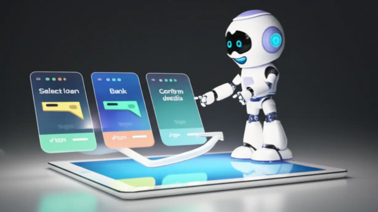 카카오뱅크-아낌e-보금자리론을-스마트폰-앱으로-비대면-신청하는-과정을-안내하는-귀여운-3D-로봇-캐릭터와-단계별-앱-화면-이미지.