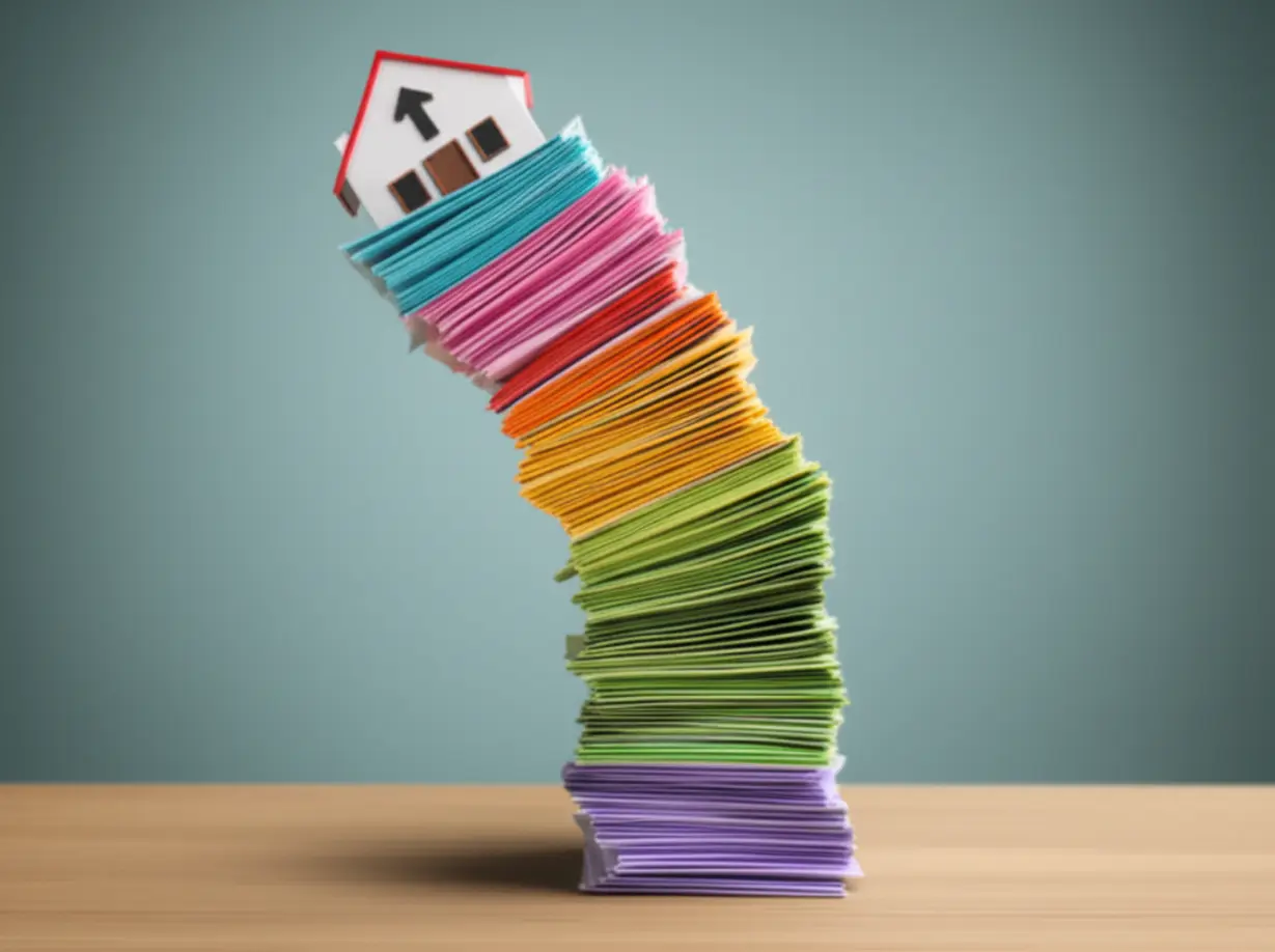 작은-빌라-위에-불안하게-쌓여있는-과도한-대출-서류-뭉치.-업계약으로-인한-풀대출의-위험한-구조를-표현합니다.