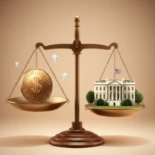 미국-경제의-균형을-보여주는-귀여운-3D-저울-이미지.-주식-시장-상승을-상징하는-달러-동전과-정부-건물이-안정적으로-놓여있고,-뒤에는-긍정적인-투자-분위기를-나타내는-부드러운-화살표가-있습니다.