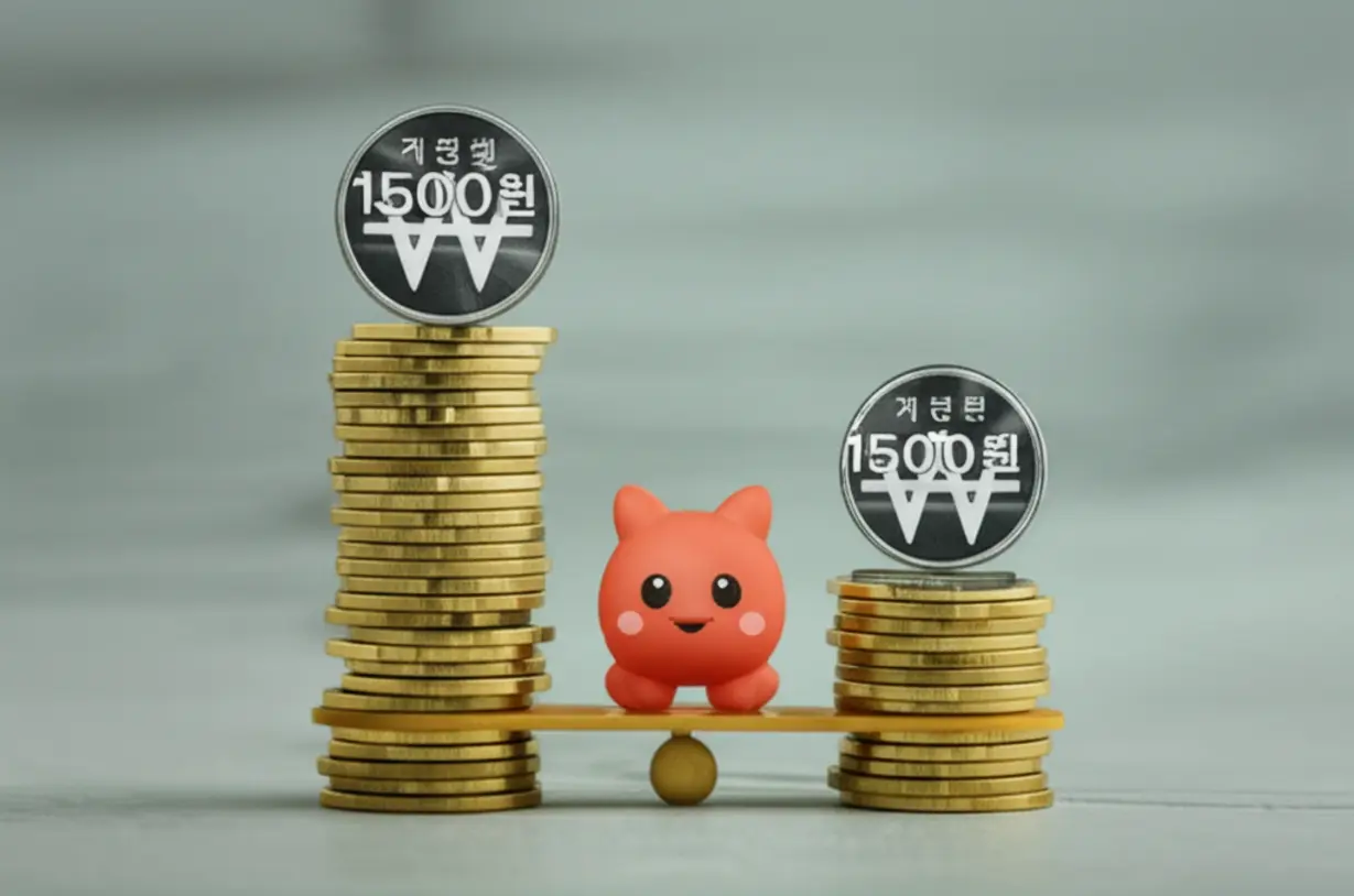 마일리지-전환율-차이의-이유를-설명하는-귀여운-3D-이미지.-적립-비용이-다른-동전-더미-두-개와-균형-저울을-통해-대한항공-아시아나-카드-마일리지-적립-비용-차이를-시각화합니다.