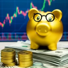 황금-돼지-저금통이-안경을-쓰고-돈과-금화-위에-앉아-있는-귀여운-3D-이미지.-뒤로는-주식-차트와-지구가-보이는-부자들의-현명한-투자-전략을-상징하는-모습.