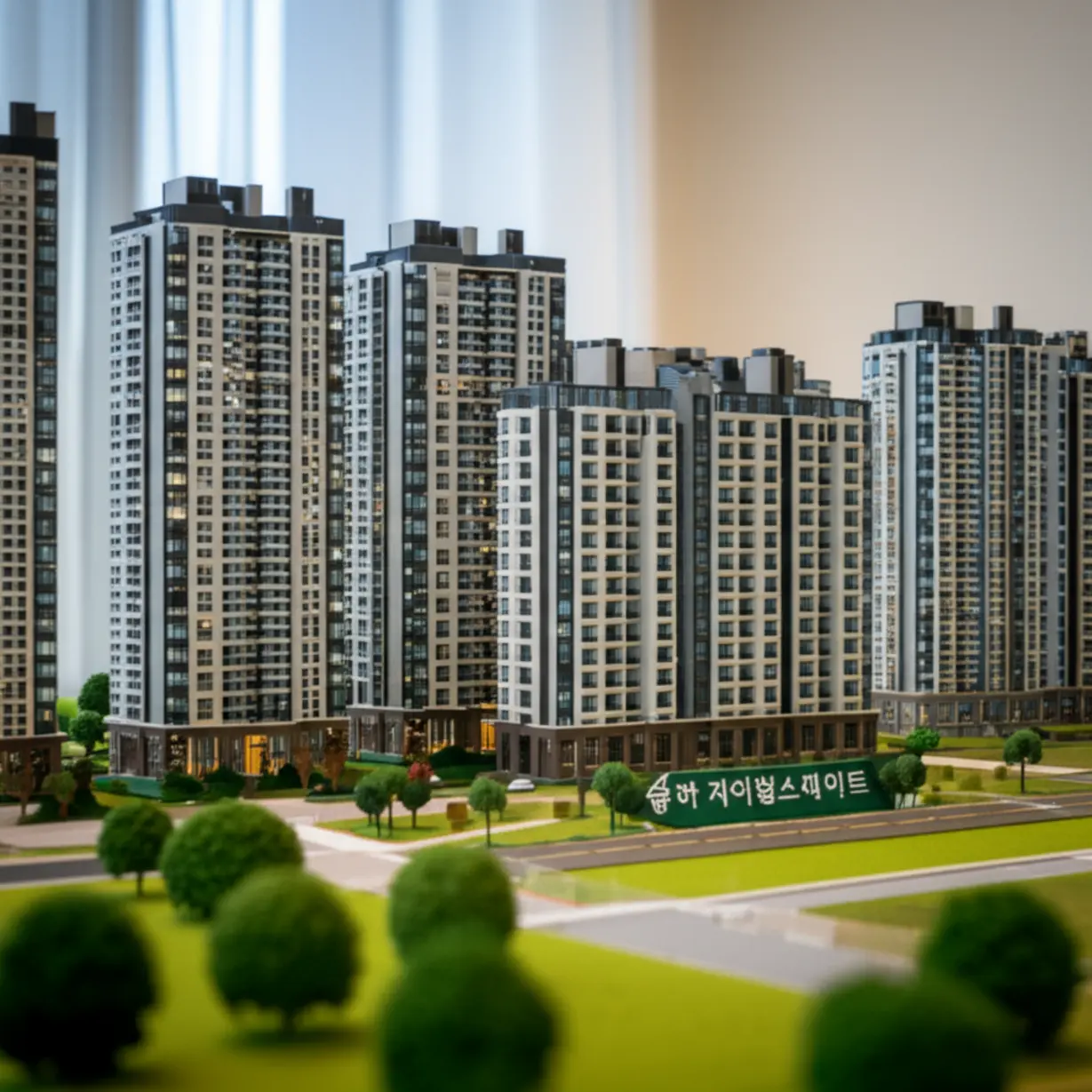 김해-율하-자이힐스테이트-아파트의-섬세한-단지-모형.-10개-동-1254세대의-규모와-다양한-평형대를-보여주는-김해-장유-아파트입니다.