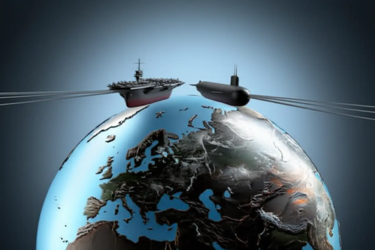 북극해에-배치된-귀여운-항공모함과-잠수함이-유럽과-아시아를-동시에-아우르는-모습,-미국의-북극-군사-전략을-상징합니다.