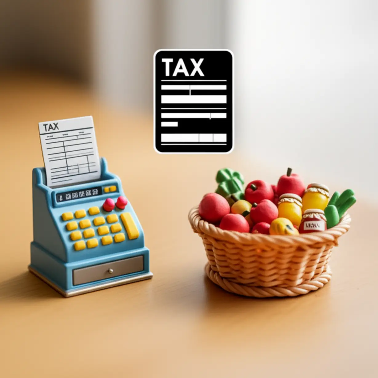 지역-특산품-바구니-옆에-놓인-작은-계산기,-농어촌민박업의-소득-창출-및-세금-혜택을-상징.