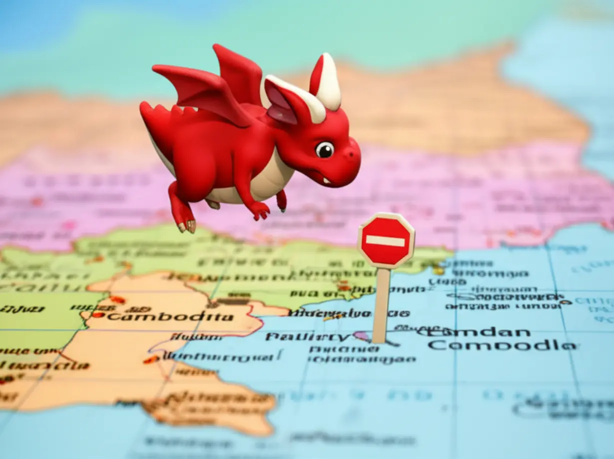 캄보디아에서-활동하는-주요-범죄-조직의-위험성을-상징하는-3D-용-캐릭터와-진입-금지-표지판입니다.-중국-갱단-관련-위험-지역에-대한-경고와-해외-안전-정보를-강조합니다.