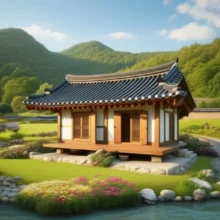 푸른-자연-속에-아늑하게-자리-잡은-전통적인-시골-민박집,-귀농귀촌-후-전원생활의-꿈을-상징하는-평화로운-풍경.