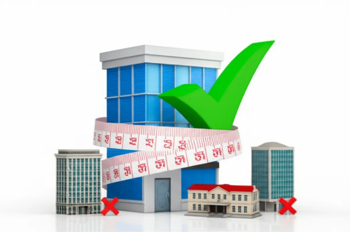 측정-테이프로-감싸진-큰-상업용-건물과-제외되는-작은-건물들이-보이는-귀여운-3D-이미지,-교통유발부담금-부과-대상을-쉽게-설명