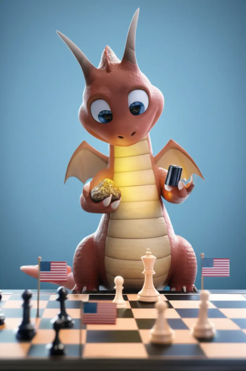 귀여운-용-캐릭터가-희토류-광물과-배터리를-들고-전략적으로-생각하는-모습.-중국의-핵심-원자재-수출-규제-배경과-미중-무역-갈등의-의미를-상징합니다.