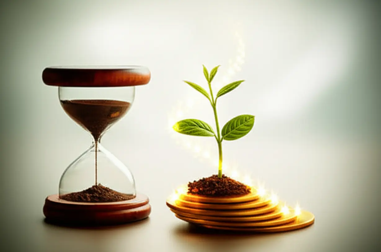 일찍-증여했을-때의-복리-효과를-나타내는-새싹과-모래시계-이미지.-시간의-흐름에-따라-재산이-성장하는-모습을-보여줍니다.