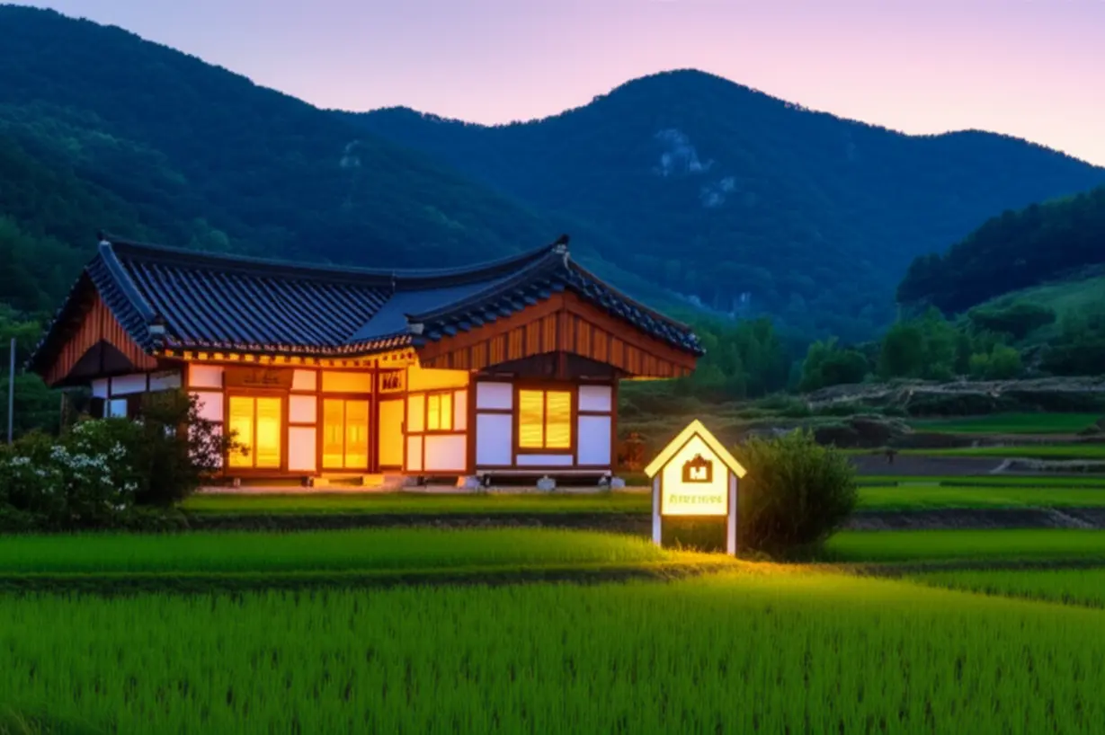 푸른-산과-논밭에-둘러싸인-아늑한-농어촌-민박집,-따뜻한-불빛이-새어-나오는-정겨운-시골집-풍경.