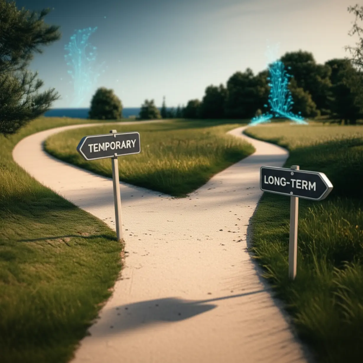 갈림길에-선-반도체-주식-시장의-3D-이미지입니다.-단기-조정,-장기-전망,-AI-반도체-슈퍼사이클-등-주식-시장의-다양한-시각을-나타냅니다.