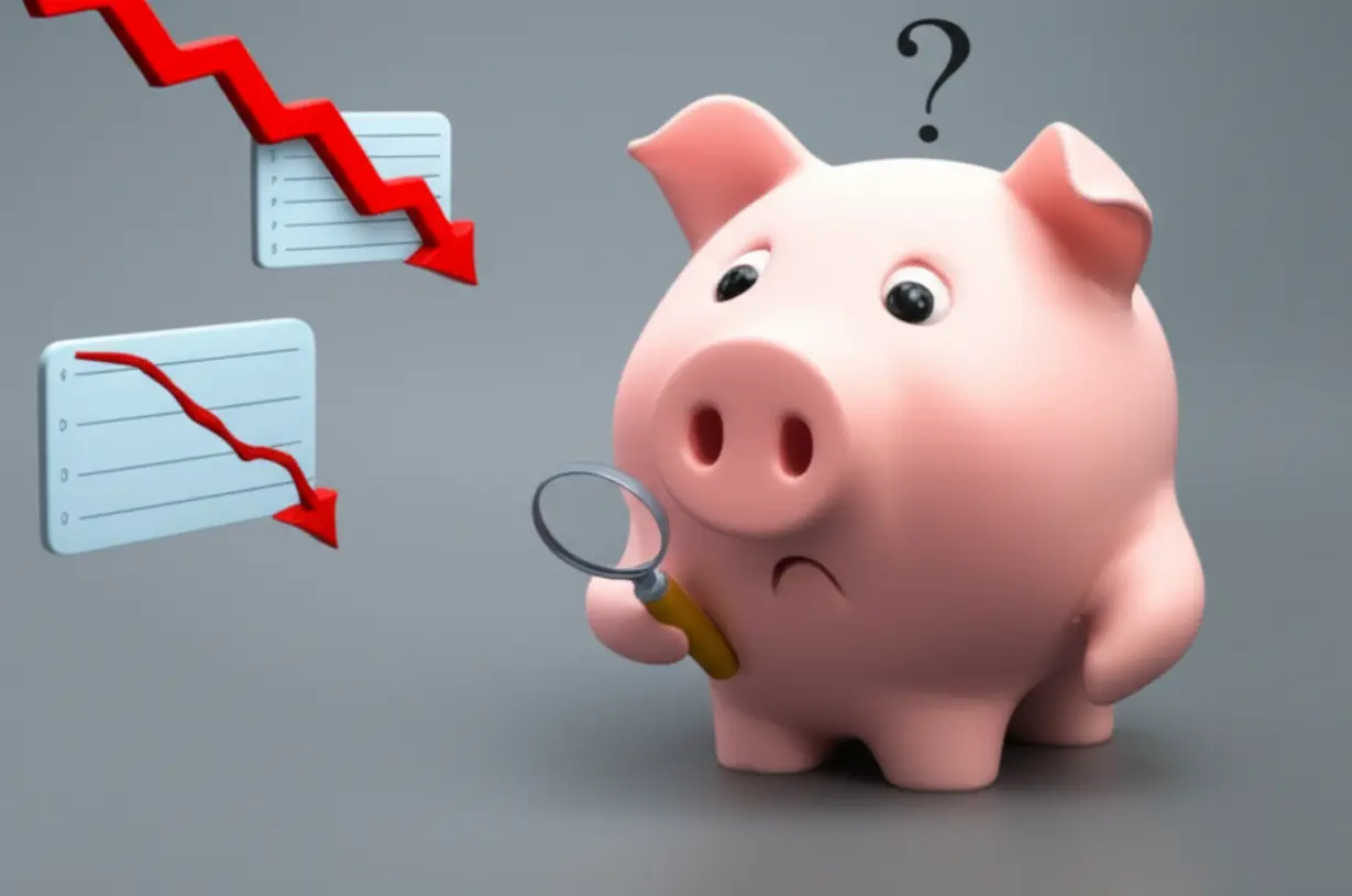 생각하는-돼지-저금통이-주식-차트를-보며-고민하는-3D-이미지입니다.-반도체-주식-투자-전략,-현명한-선택,-개인-투자자의-고민,-장기-투자,-리스크-관리-등을-상징적으로-보여줍니다.