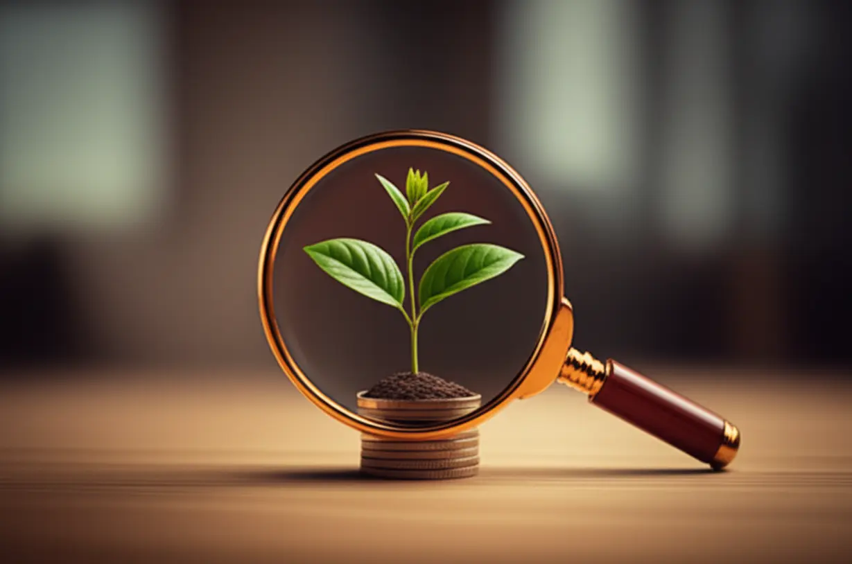 귀여운-3D-돋보기가-동전에서-자라나는-작은-식물을-자세히-들여다보는-이미지.-희토류-투자-시-현명한-전망과-장기적인-관점의-전략을-상징합니다.