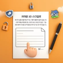 귀여운-3D-공문서에-서명하는-모습과-자물쇠,-집-아이콘이-어우러져-본인서명확인서의-안전하고-간편한-활용을-시각적으로-보여줍니다.