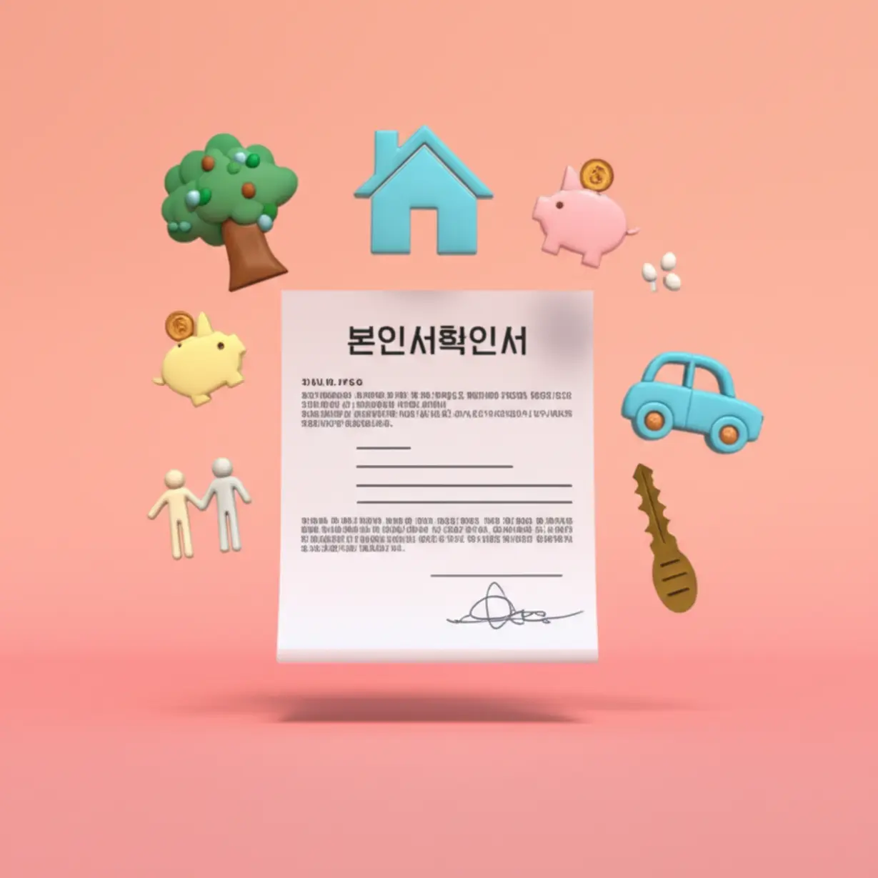 본인서명확인서-주변에-집,-저금통,-가족-나무,-자동차-아이콘이-떠다니는-3D-이미지로,-부동산,-금융,-상속,-차량-매매-등-다양한-본인서명확인서-활용처를-나타냅니다.