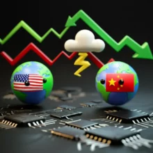 귀여운-3D-주식-차트와-미중-갈등을-나타내는-지구본,-그리고-반도체-칩이-놓여-있는-모습입니다.-삼성전자-주가,-SK하이닉스-주가,-미중-무역-갈등,-반도체-주식-시장의-불안한-상황과-투자-전략을-상징적으로-보여줍니다.