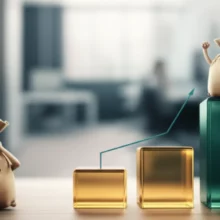 삼성전자-주가-그래프-앞에서-망설이는-귀여운-돈-가방과-상승세-그래프-위에서-기뻐하는-돈-가방.-개인-투자자-심리와-주식-흐름을-나타내는-이미지.