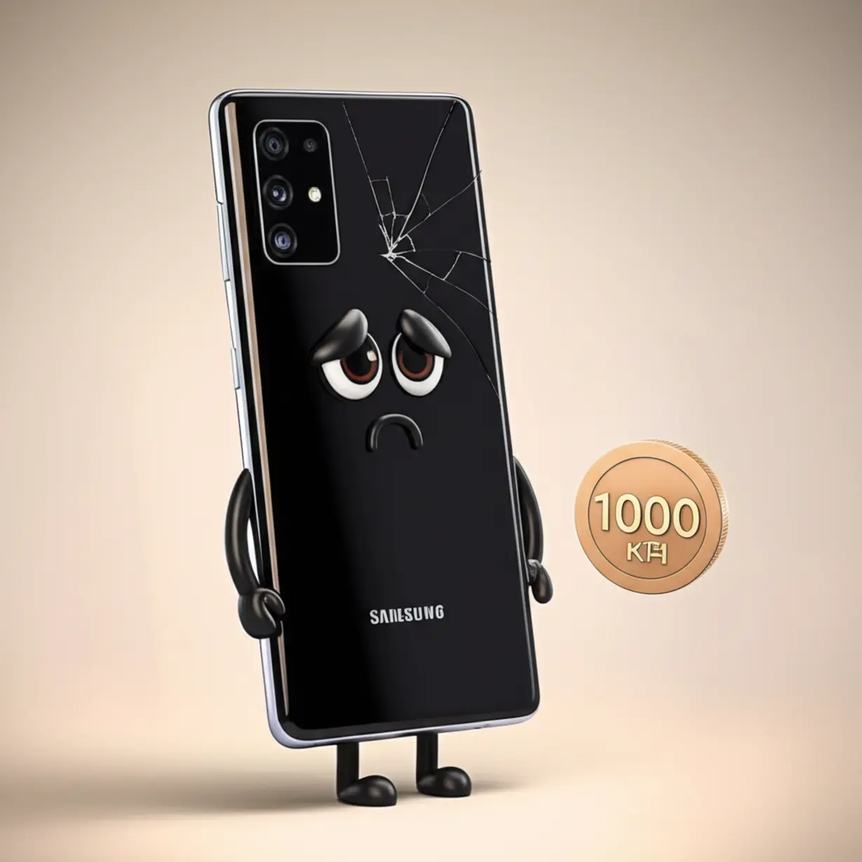 삼성전자-스마트폰에-금이-가고-10만전자-동전이-멀리-있는-3D-이미지입니다.-삼성전자-주가,-10만전자-기대감,-특허-소송-패소,-개미투자자들의-우려를-보여줍니다.