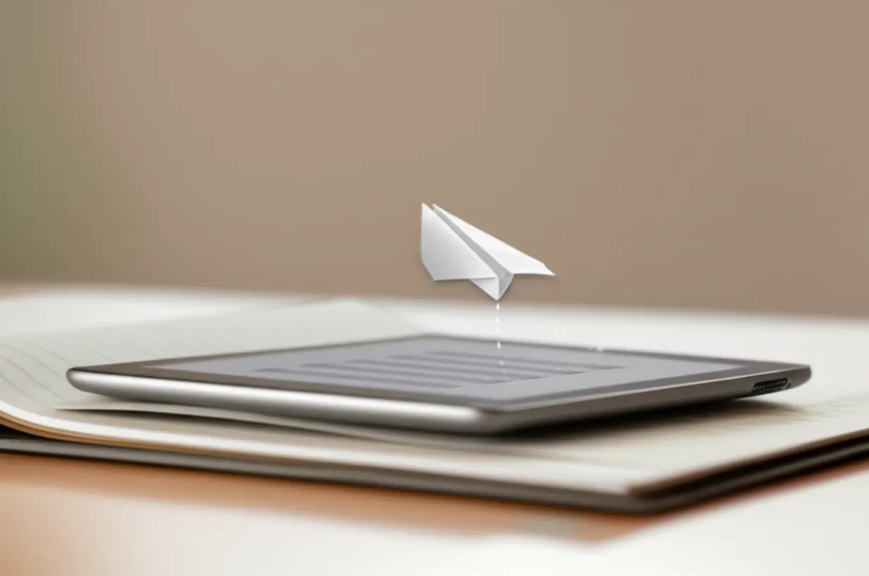 이메일을-보내는-귀여운-종이비행기가-기록을-남기는-노트를-향해-날아가는-이미지,-정중한-서류-요청과-기록의-중요성을-나타냄