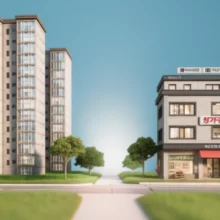 2013년-부동산-투자-선택의-기로에-선-은마아파트와-상가주택-모형.-안정적인-월세-수익을-상징하는-건물과-시세차익이-큰-아파트를-귀엽게-표현한-이미지.