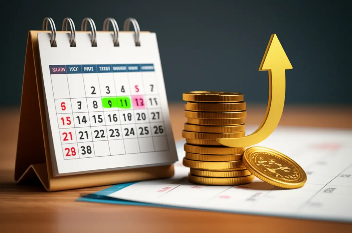 낮은-금리와-유연한-상환-조건을-나타내는-달력,-동전-더미,-위쪽-화살표가-함께-어우러진-귀여운-3D-이미지.