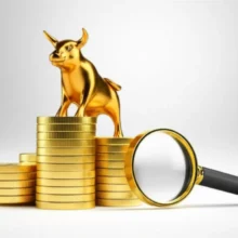 삼성전자-주가-상승을-상징하는-황금-소와-금화-더미,-현명한-투자-결정을-나타내는-돋보기.