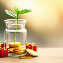 0세-손주-증여와-절세를-상징하는-유리병-속-작은-새싹과-황금-동전,-선물-상자-이미지.-손주-부의-대물림과-재산-성장을-나타냅니다.